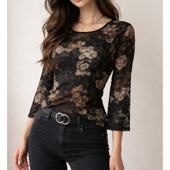 White Stag Tops - Dark Floral Lace Mesh Top Small Whimsigoth Fairy Grunge Sheer Stretch Layer Boho